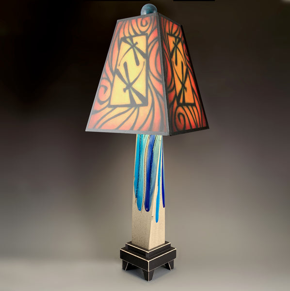 Brown Dragonfly handmade ceramic table lamp with twisted gray extruded clay base, warm red and gold dragonfly art shade by Michael Macone, made in Shell Lake Wisconsin