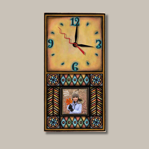 Brown Motif geometric picture frame wood wall clock by Michael Macone with a golden face, a brown and gold border, and a 2 x 2 photo held by magnets in a terracotta, gold, and turquoise mosaic panel