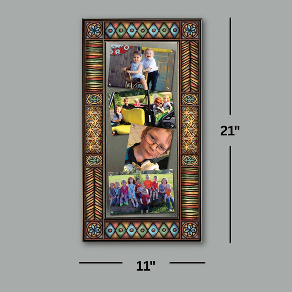 Large multi photo frame showing 11 x 21 frame size holding four 4 x 6 photos with decorative brown motif artwork.