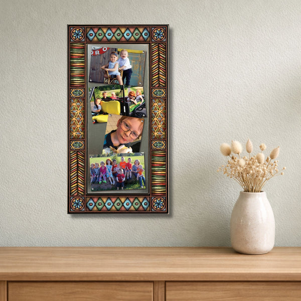 Large multi photo picture frame wall display featuring brown motif artwork and space for four 4 x 6 photos.