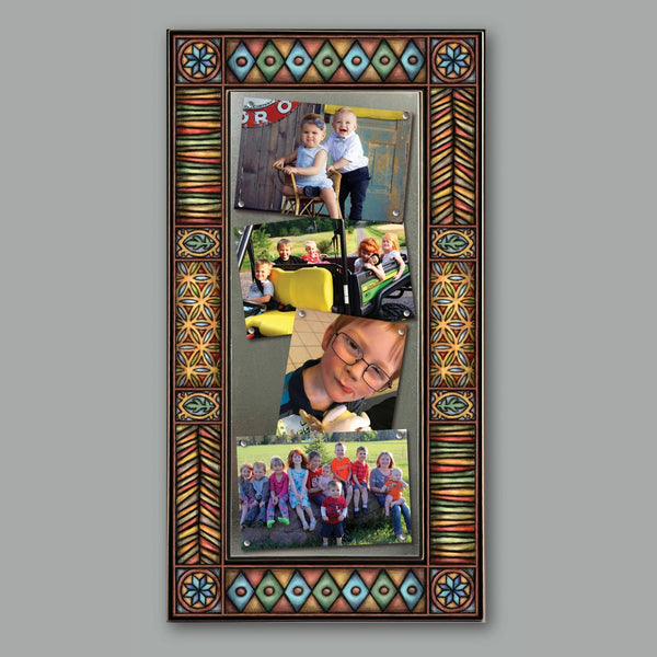 Large multi photo 4x6 picture frame with colorful Michael Macone artwork and brown motif design displaying four photographs.