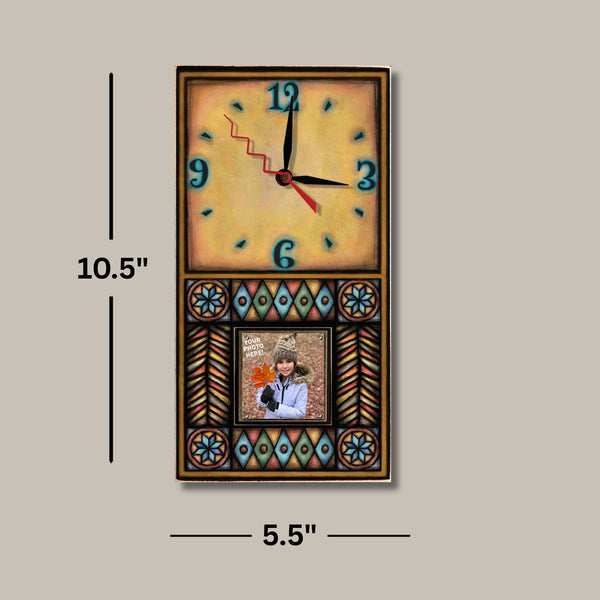Brown Motif picture frame wood wall clock dimensions, 10.5 x 5.5 inches, holds a 2 x 2 inch photo