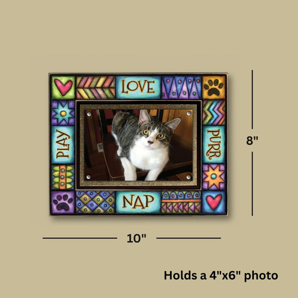8 x 10 cat picture frame designed to hold a 4 x 6 photo featuring colorful Michael Macone artwork and quote Love Purr Nap Play.