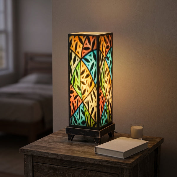 Colorful Vines mood lamp glowing on a bedroom nightstand
