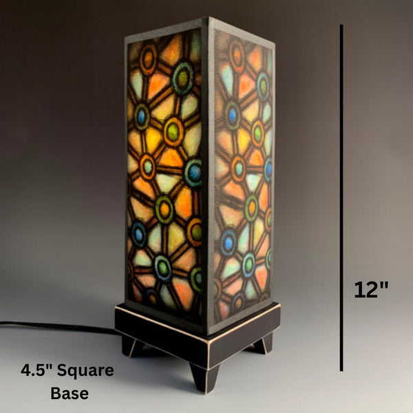 Connected Circles mood lamp dimensions, 12 inch height 4.5 inch base