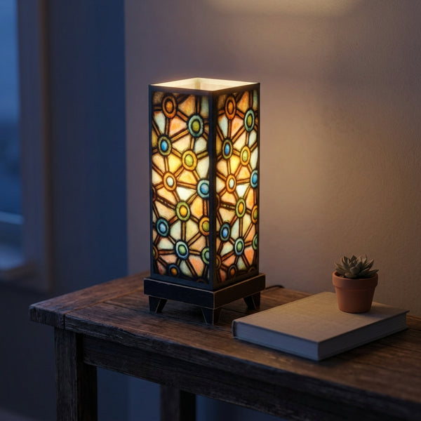 Connected Circles mood lamp glowing on a living room console table