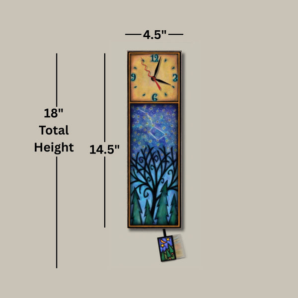 Dragonflies wood wall clock dimensions, 4.5 inch width, 14.5 inch clock body height, 18 inch total height with pendulum