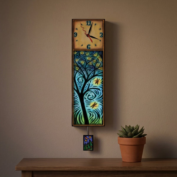 Dragonflies wood wall clock hanging on a living room wall above a console table