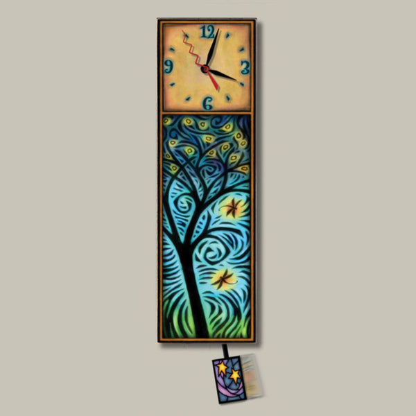 Dragonflies wood wall clock, a tall rectangular art clock with a swirling tree and dragonfly design