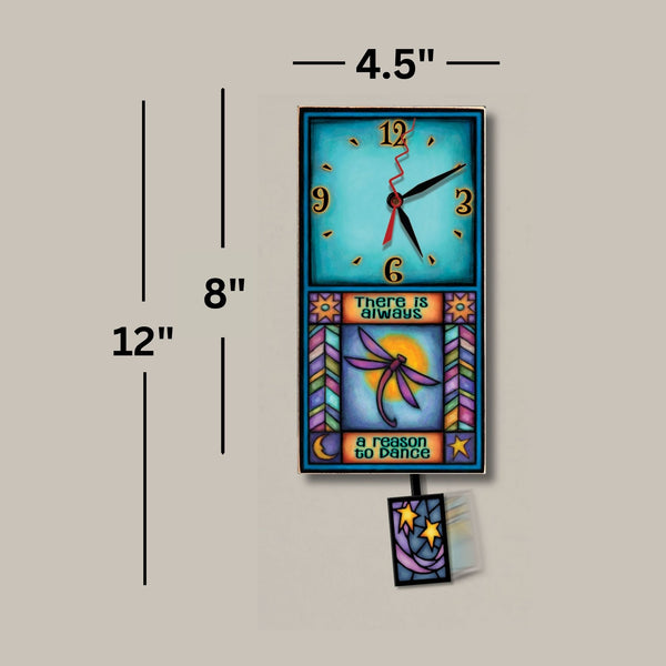 Dragonfly small wood wall clock dimensions, 4.5 x 8.5 inch clock body and 12 inches tall with pendulum