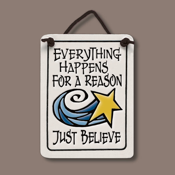 Handmade Spooner Creek Mini Charmer ceramic tile with quote “Everything happens for a reason, just believe,” featuring a shooting star design and inspirational message.