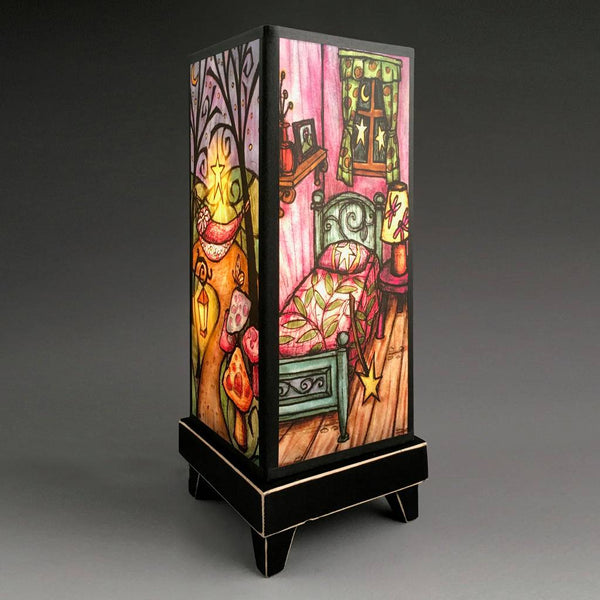Fairy House mood lamp glowing with whimsical storybook paper shade