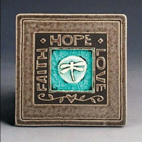 Handmade gray ceramic Faith Hope Love dragonfly coaster with crazed glass center by Macone Clay