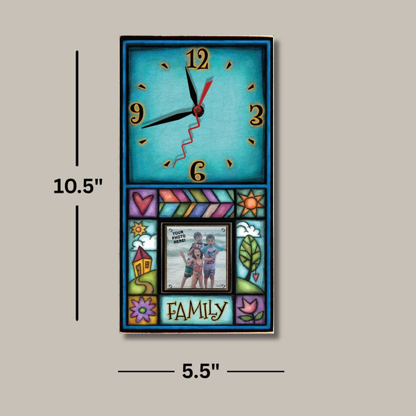 Family picture frame wood wall clock dimensions, 10.5 x 5.5 inches, holds a 2 x 2 inch photo