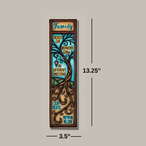 Family tree wood quote plaque dimensions showing 3.5 x 13.25 inch tall narrow wood art by Michael Macone handmade in Wisconsin