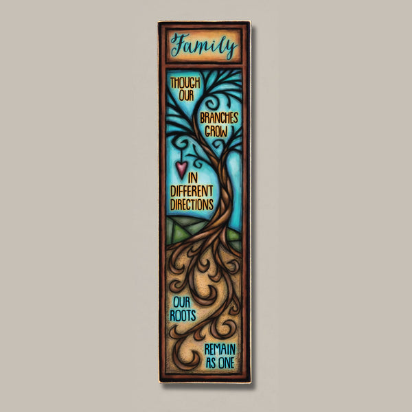 Family tree wood quote plaque with though our branches grow in different directions our roots remain as one quote and stained glass inspired Michael Macone artwork, handmade in Shell Lake Wisconsin