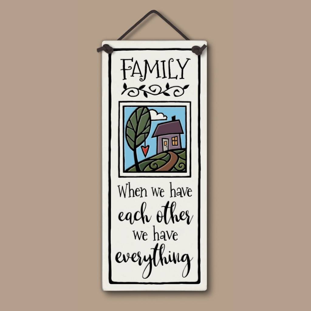 Spooner Creek handcrafted tall ceramic tile with family quote and colorful home illustration.