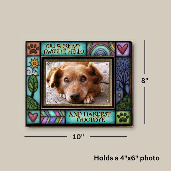 Pet memorial picture frame showing overall 8x10 frame size with 4x6 photo opening and the quote You were my favorite hello and hardest goodbye.