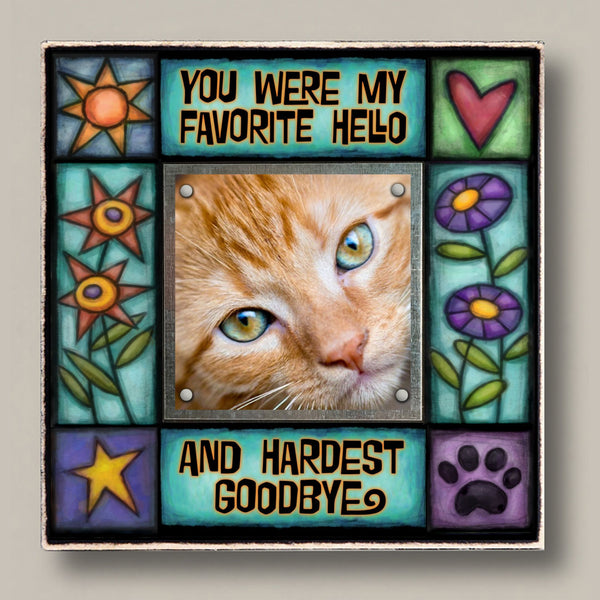 Pet memorial picture frame with favorite hello hardest goodbye quote and colorful artwork, small 2x2 photo display, sympathy gift for dog or cat loss