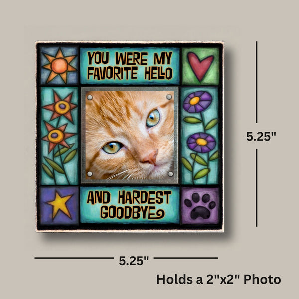 Pet memorial picture frame dimensions showing 5.25 x 5.25 size with 2x2 photo opening, small remembrance gift for dog or cat lovers