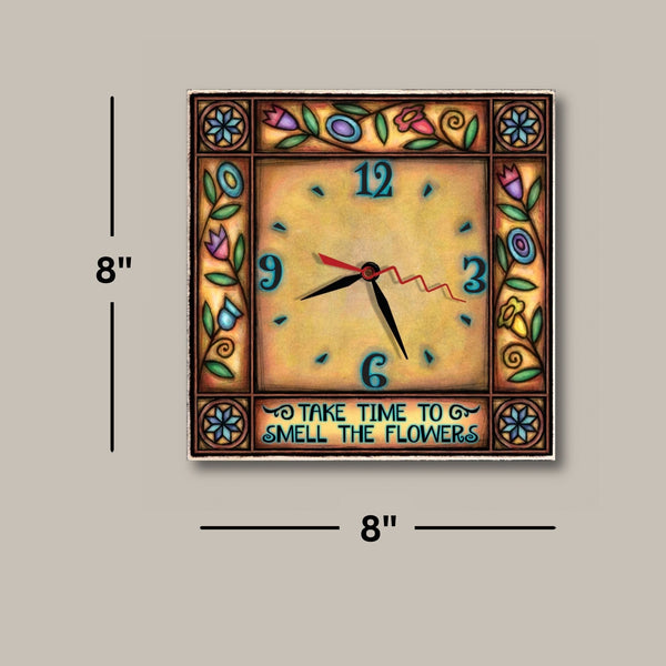 Floral square wood wall clock dimensions, 8 x 8 inches