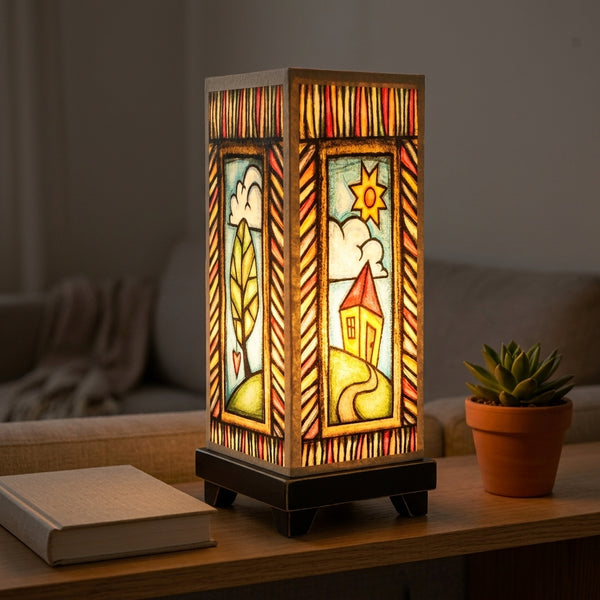 Flowers mood lamp glowing on a bedroom nightstand
