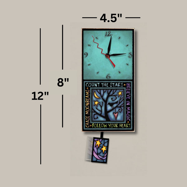 Follow Your Heart small wood wall clock dimensions, 4.5 x 8.5 inch clock body and 12 inches tall with pendulum