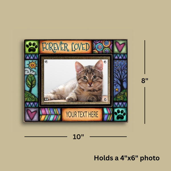 Forever Loved custom pet memorial frame dimensions showing 8 x 10 frame with 4 x 6 inch magnetic photo display by Macone Clay handmade in Wisconsin