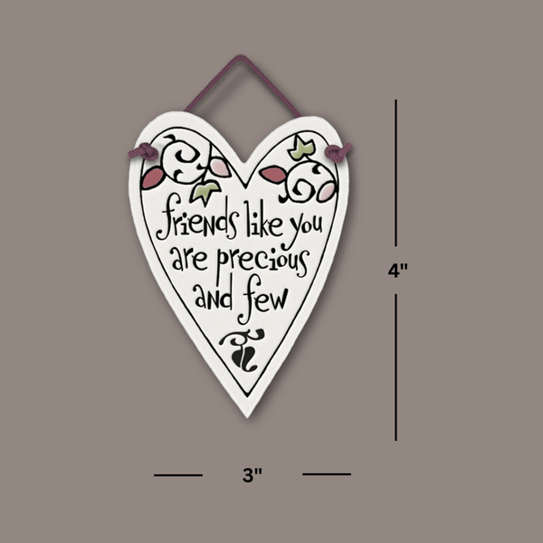 Heart shaped Mini Charmer ceramic tile showing 3 x 4 inch dimensions with friendship quote, handmade Spooner Creek decorative ceramic gift.