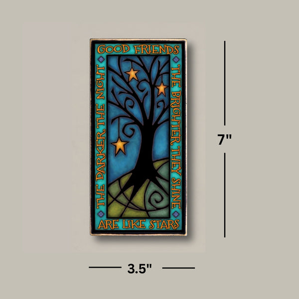 Good friends are like stars wood quote plaque dimensions showing 3.5 x 7 inch rectangular wood art by Michael Macone handmade in Wisconsin
