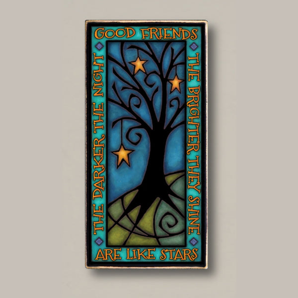Good friends are like stars wood quote plaque with stained glass inspired tree and stars artwork by Michael Macone, handmade in Shell Lake Wisconsin