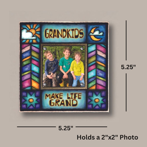 Grandkids picture frame dimensions showing 5.25 x 5.25 size with 2x2 photo opening, small gift frame for grandparents