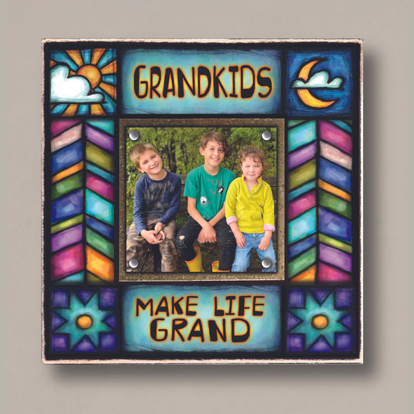 Grandkids picture frame with Grandkids Make Life Grand quote and colorful artwork, small 2x2 photo display, meaningful gift for grandparents