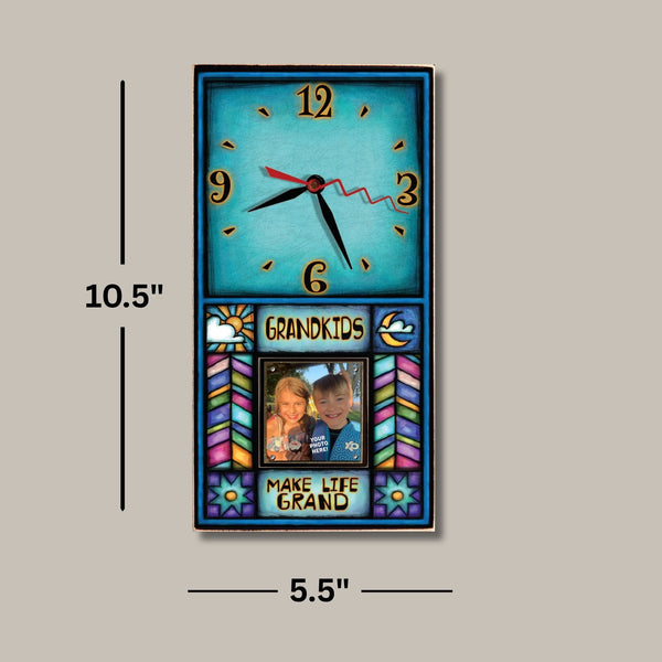 Grandparent picture frame wood wall clock dimensions, 10.5 x 5.5 inches, holds a 2 x 2 inch photo