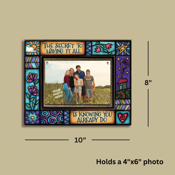 Gratitude quote picture frame dimensions showing 8x10 wood frame size holding 4x6 photo with magnetic display by Macone Clay.