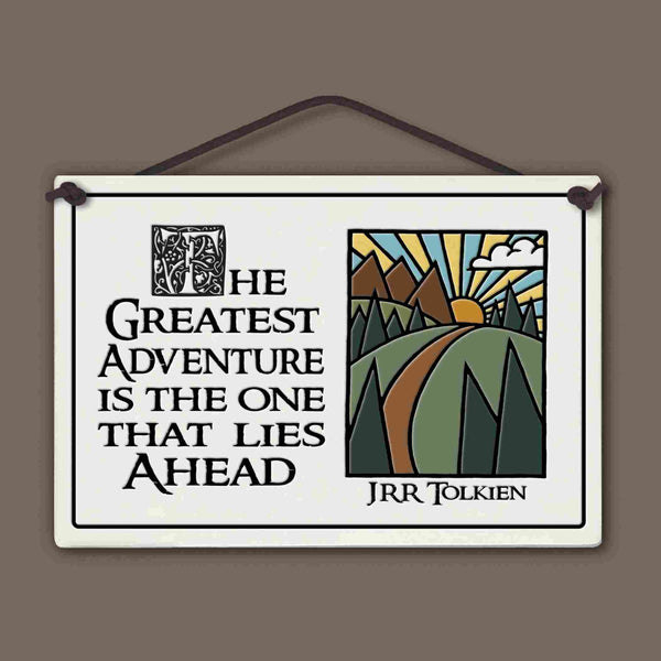 Spooner Creek large rectangle ceramic tile wall hanging with quote “The greatest adventure is the one that lies ahead – JRR Tolkien,” mountain sunrise and winding path artwork, black lettering, 5 x 7.25 inspirational decor sign.