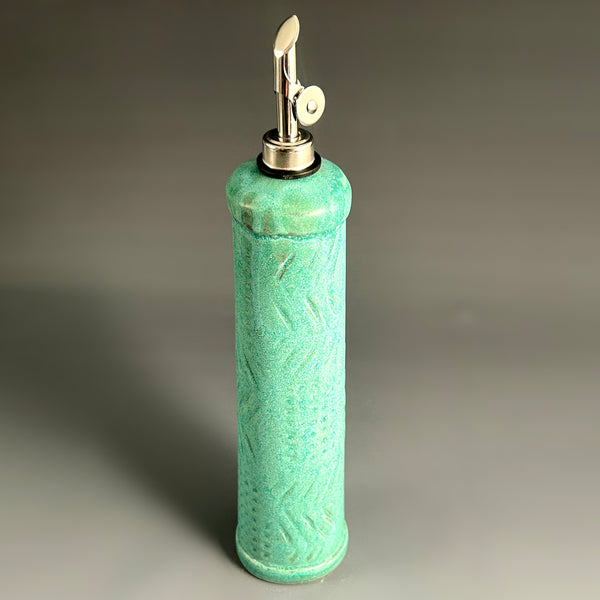 Green handmade stoneware olive oil cruet with straight pour spout, ceramic oil dispenser by Macone Clay, artisan kitchen accessory for oil or vinegar use