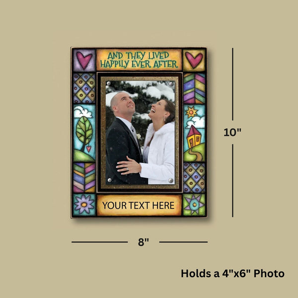 Happily ever after personalized picture frame dimensions showing 8 x 10 frame with 4 x 6 inch magnetic photo display by Macone Clay handmade in Wisconsin