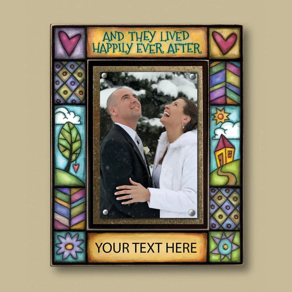 And they lived happily ever after custom personalized wedding picture frame with colorful stained glass inspired hearts and nature artwork by Macone Clay handmade in Shell Lake Wisconsin