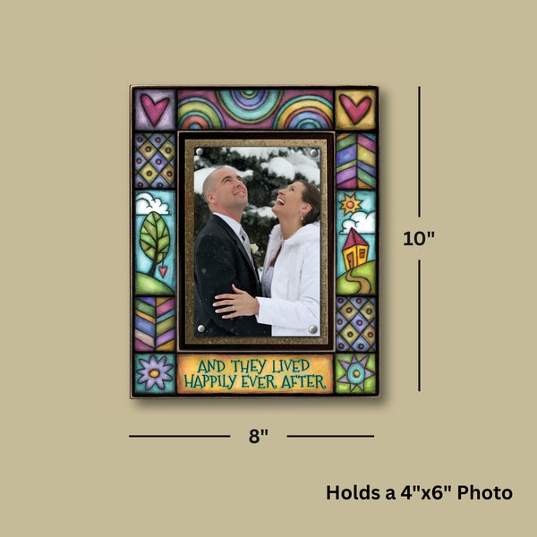Wedding picture frame showing overall 8x10 frame size with 4x6 photo opening and the quote And they lived happily ever after.