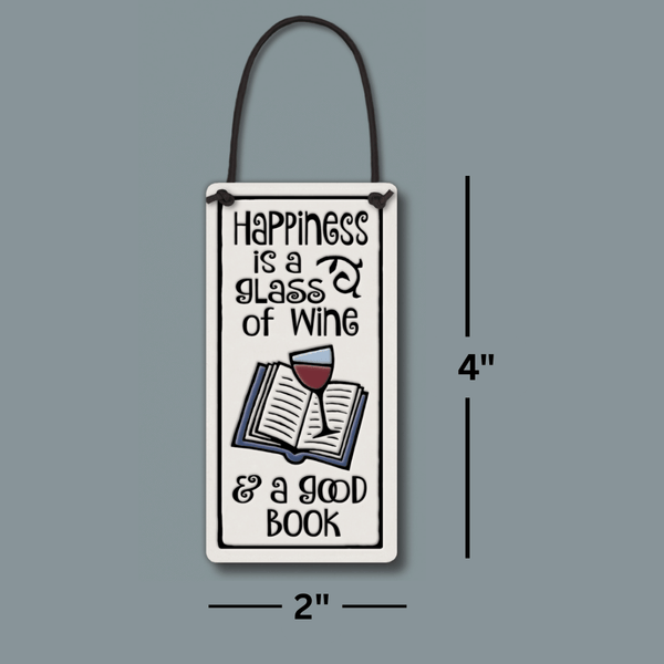 Spooner Creek ceramic wine tag showing “Happiness is a glass of wine and a good book” with 2 x 4 inch size, handmade wine bottle tag gift