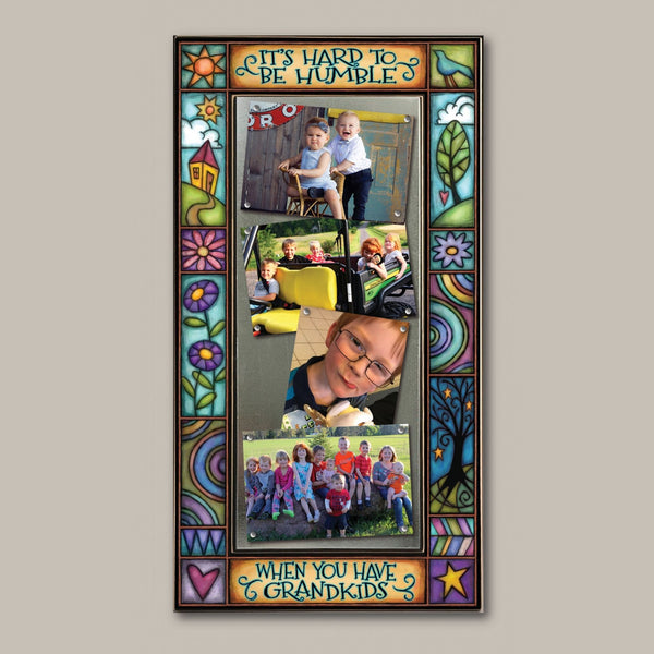 Large multi photo grandkids frame featuring the quote It's hard to be humble when you have grandkids with colorful Michael Macone artwork and four 4 x 6 photos.