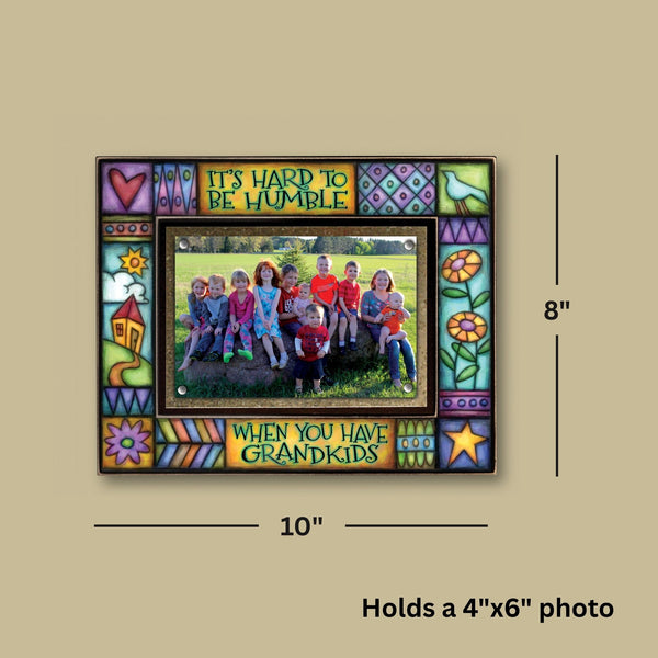 Grandkids picture frame with quote It’s hard to be humble when you have grandkids showing overall 8x10 frame size with centered 4x6 photo opening.