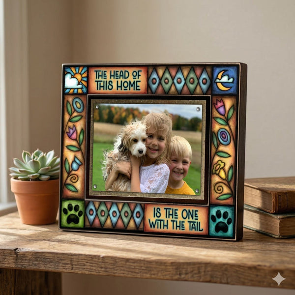 Pet  picture frame with quote The head of this home is the one with the tail displayed on shelf with colorful Michael Macone artwork and dog photo.