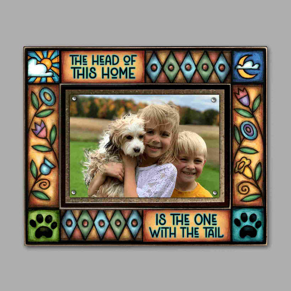 Pet picture frame featuring the quote The head of this home is the one with the tail with colorful Michael Macone artwork and a 4 x 6 photo.
