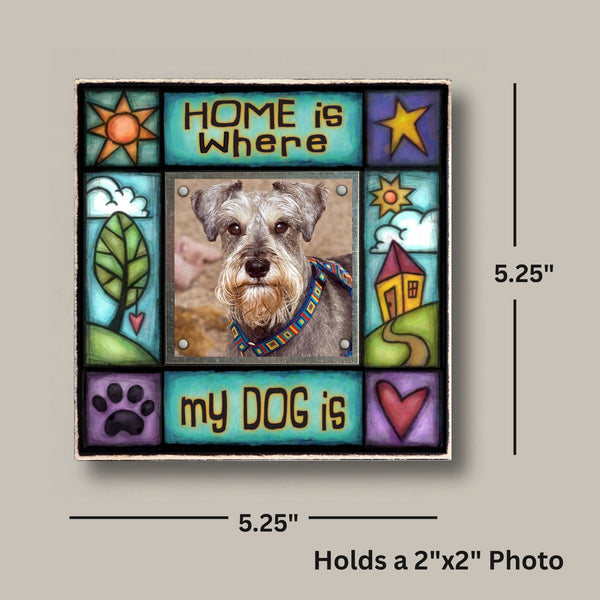 Dog lover picture frame dimensions showing 5.25 x 5.25 size with 2x2 photo opening, small gift frame for dog lovers