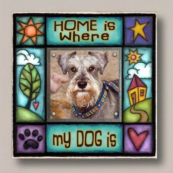 Dog lover picture frame with Home is where my dog is quote and colorful artwork, small 2x2 photo display, meaningful gift for dog owners