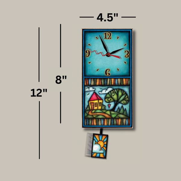 House and tree small wood wall clock dimensions, 4.5 x 8.5 inch clock body and 12 inches tall with pendulum