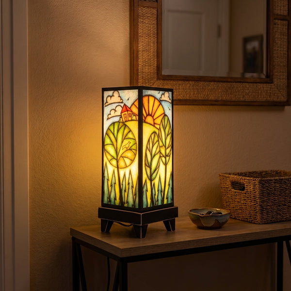 House on Hill mood lamp glowing on an entryway table