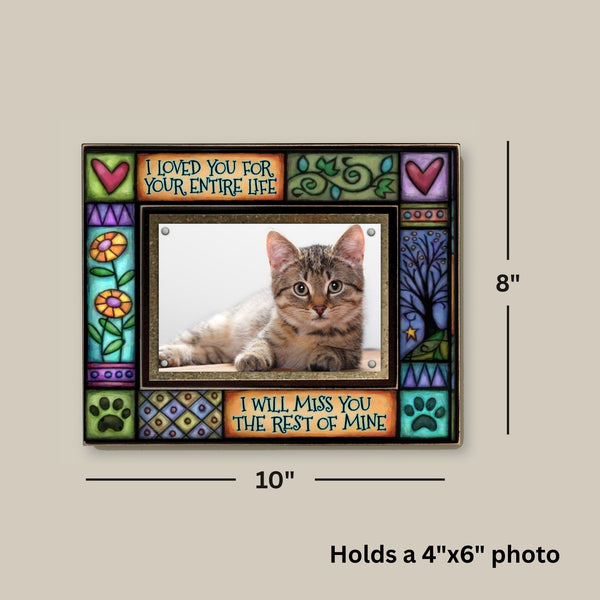 Pet memorial picture frame showing 8x10 frame size with 4x6 photo opening and quote I loved you for your entire life.